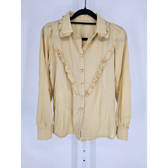 Vtg 1960s Womens Sz L Long Sleeve Pearl Button Up Western Shirt Yellow Ruffled - Picture 1 of 3